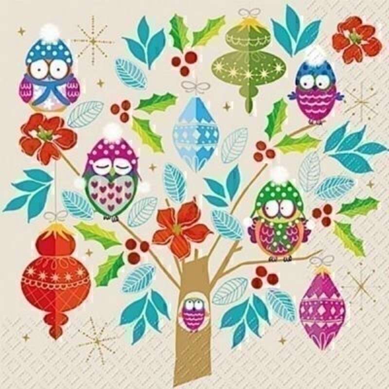 Owl and Bauble Tree Jolante Christmas Napkins by Stewo. 20 napkins in pack. 3 ply. 33x33cm. Environmentally friendly cellulose printed with water-based inks.